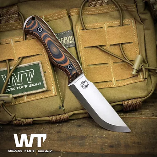 Work Tuff Gear Nomad Bushcrafter K329 kniv, scandi, stonewashed, tiger camo G10, white liner