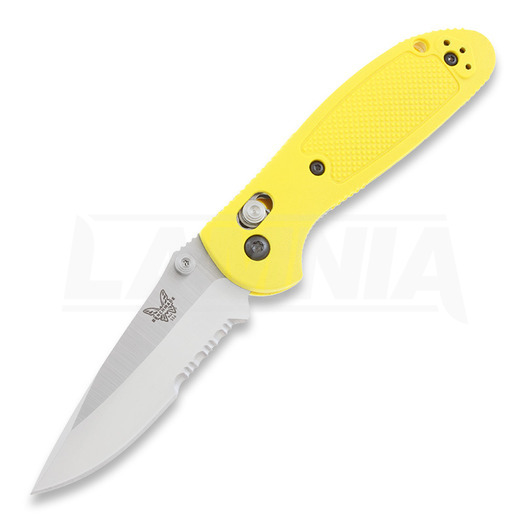 Skladací nôž Benchmade Mini-Griptilian, tlačidlo, žltá, zúbkovaný 556S-YEL