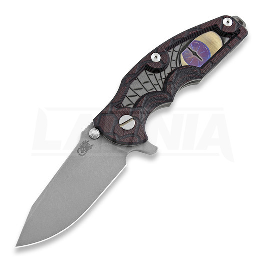 Hinderer Jurassic Spearpoint fällkniv, working finish, Raptor Eye red/black