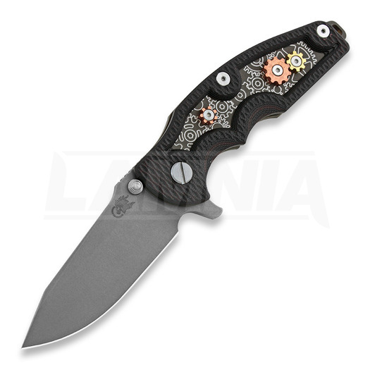 Hinderer Jurassic Spearpoint összecsukható kés, battle bronze, Gear Theme red/black