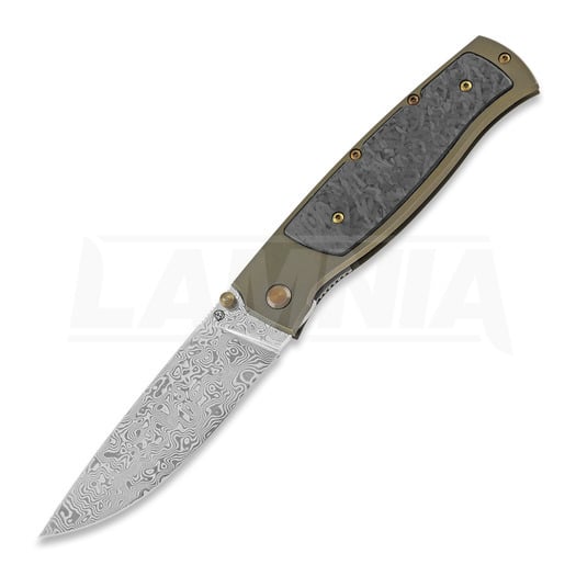 Cheburkov Strizh large Damascus fällkniv, Bronze Titanium, Marbled Carbon Inlay