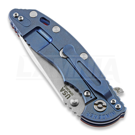 Hinderer XM-18 3.5 Tri-Way Spearpoint fällkniv, sw blue, röd