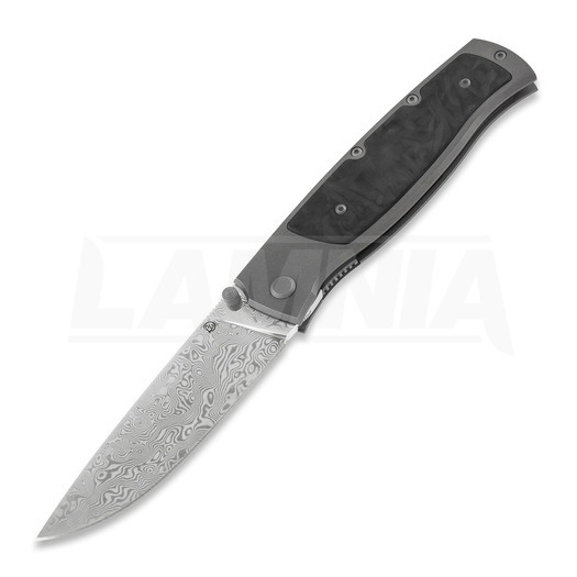 Cheburkov Strizh large Damascus foldekniv, Titanium, Marbled Carbon Inlay