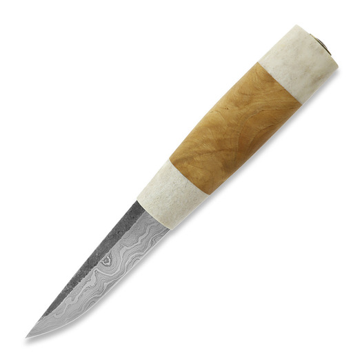 ML Custom Knives Damascus Puukko, Reindeer Antler/Birch Burl