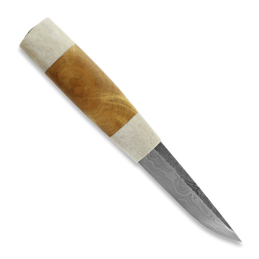 ML Custom Knives Damascus Puukko, Reindeer Antler/Birch Burl