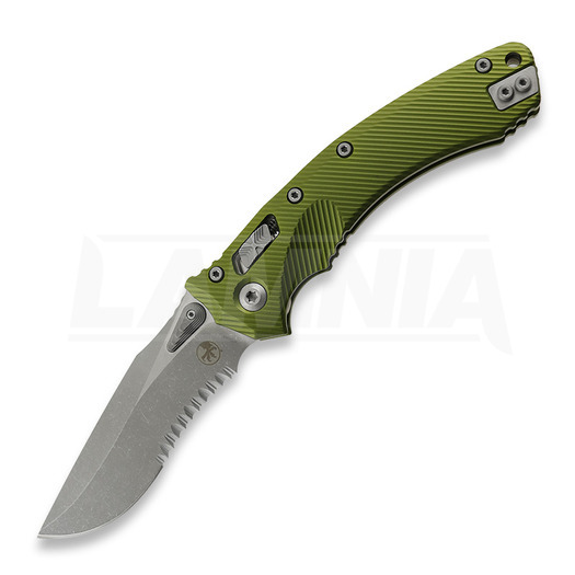 Microtech Amphibian Apocalyptic Partial Serrated, Fluted OD Green 137RL-11APFLOD